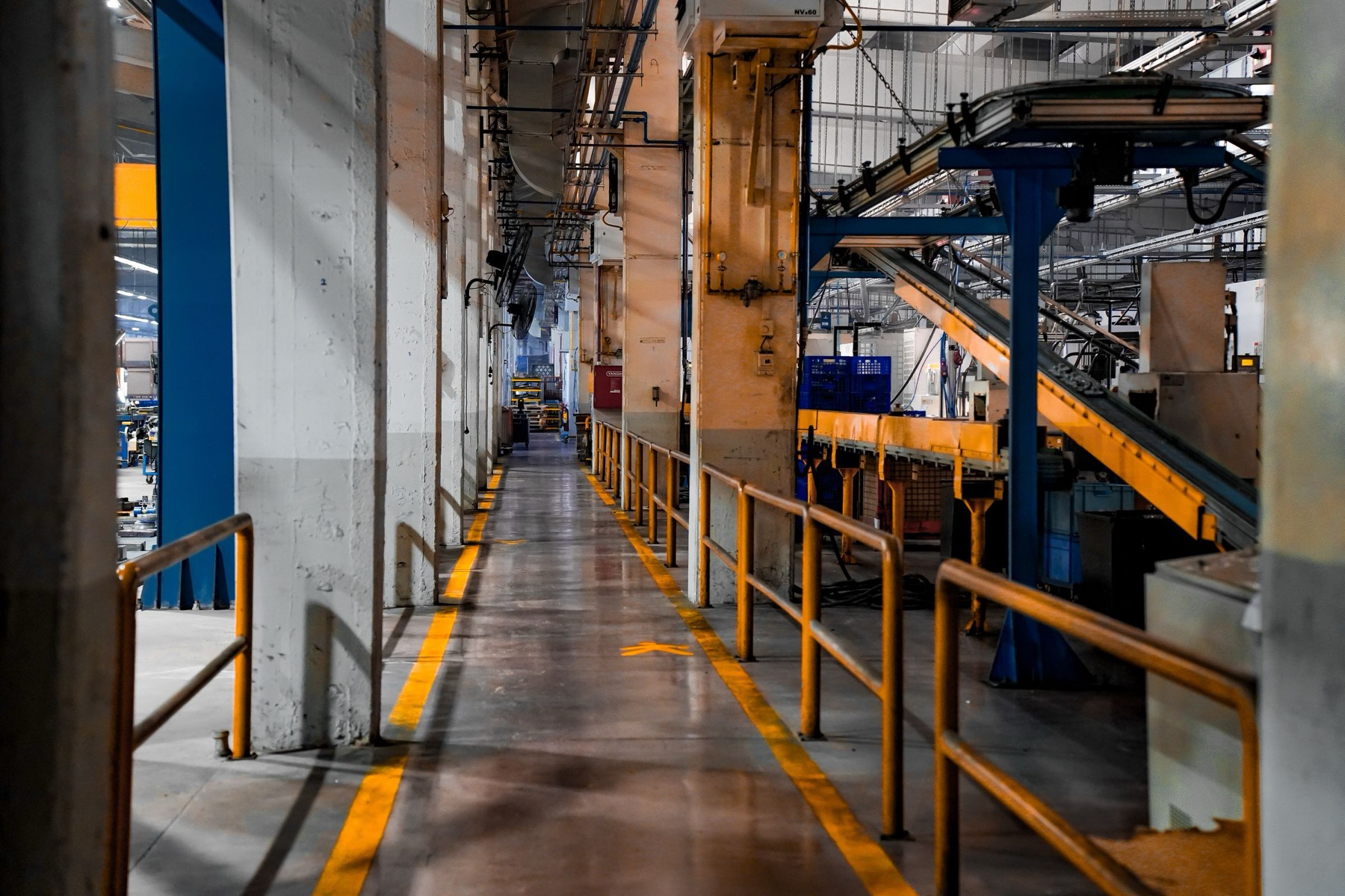 Modern factory floor — conveyor systems, painted handrails, and marked floor lanes.